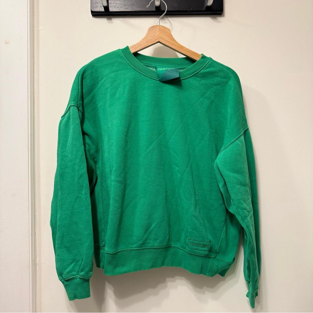 Vibrant Kelly Green Crewneck Sweater with Ribbed Neckline Pantone